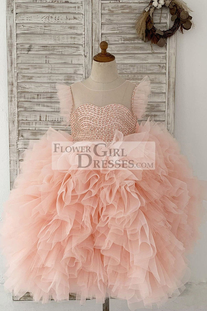Fluffy Sleeves Beaded Peach Tulle Organza Wedding Flower Girl Dress 10T Fluffy Sleeves Beaded Peach Tulle Organza Wedding Flower Girl Dress 10T