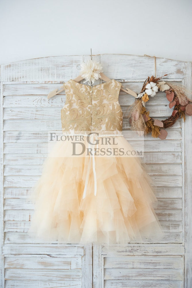 Gold Lace Champagne Ruffle Tulle Flower Girl Dress, Pearl Belt