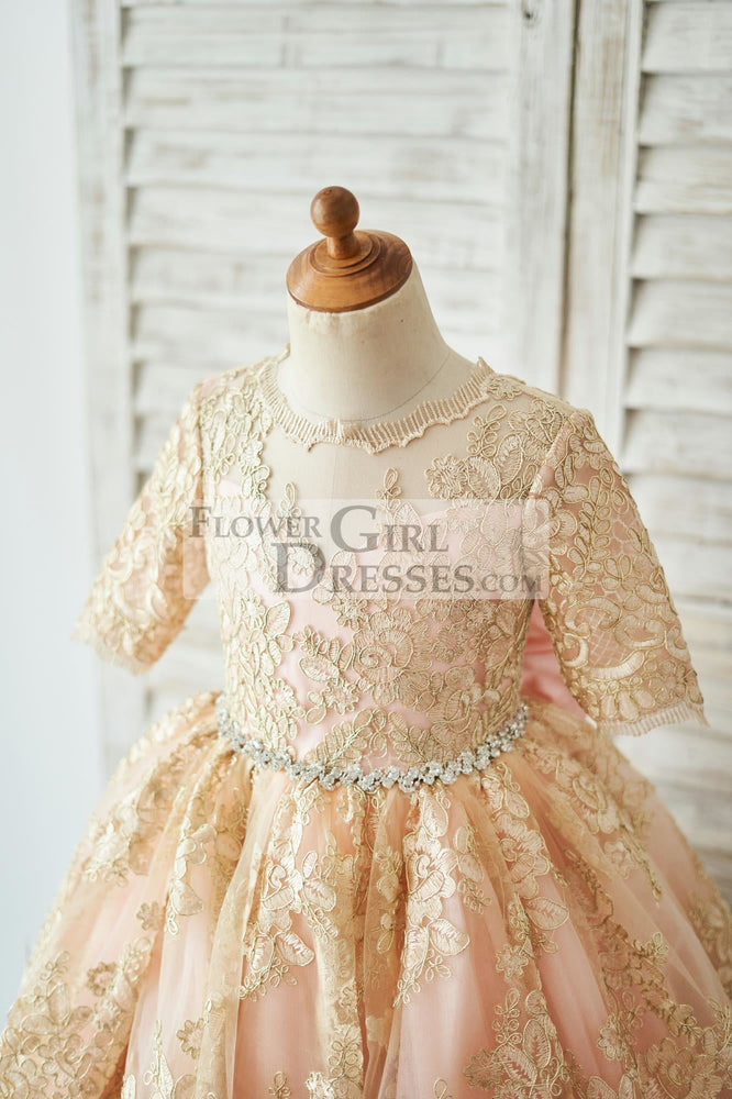 Modest Gold Lace Pink Lining Short Sleeves V Back Flower Girl Dress - Flower Girl Dresses Modest Gold Lace Pink Lining Short Sleeves V Back Flower Girl Dress - Flower Girl Dresses