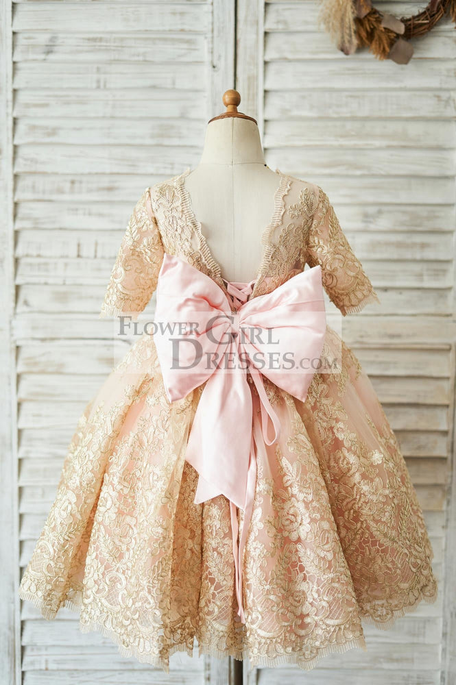 Modest Gold Lace Pink Lining Short Sleeves V Back Flower Girl Dress 1T Modest Gold Lace Pink Lining Short Sleeves V Back Flower Girl Dress 1T