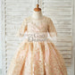 Gold Lace Pink Lining Short Sleeves V Back Wedding Flower Girl Dress