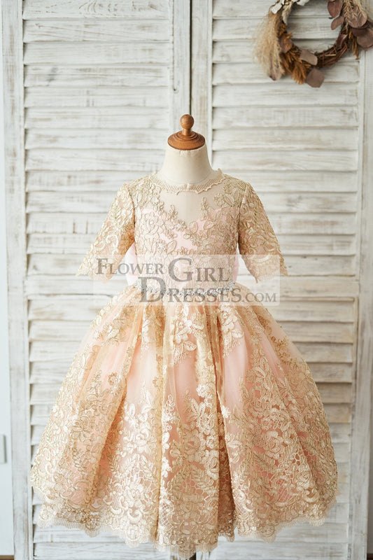 Gold Lace Pink Lining Short Sleeves V Back Wedding Flower Girl Dress