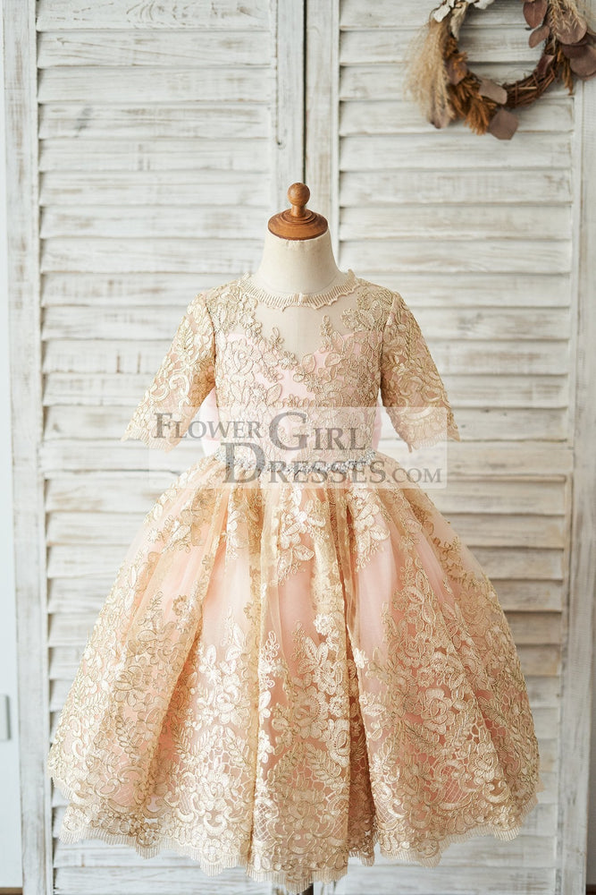 Modest Gold Lace Pink Lining Short Sleeves V Back Flower Girl Dress - Flower Girl Dresses Modest Gold Lace Pink Lining Short Sleeves V Back Flower Girl Dress - Flower Girl Dresses