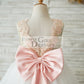 Gold Sequin Ivory Tulle V Back Wedding Flower Girl Dress with Pink Lace Belt