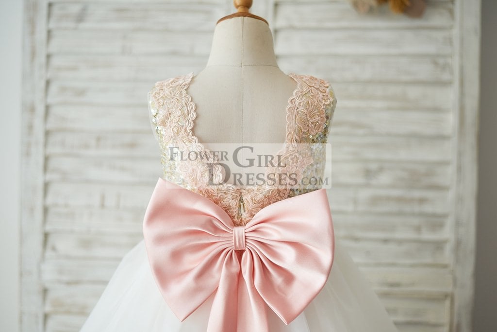 Gold Sequin Ivory Tulle V Back Wedding Flower Girl Dress with Pink Lace Belt