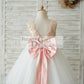 Gold Sequin Ivory Tulle V Back Wedding Flower Girl Dress with Pink Lace Belt