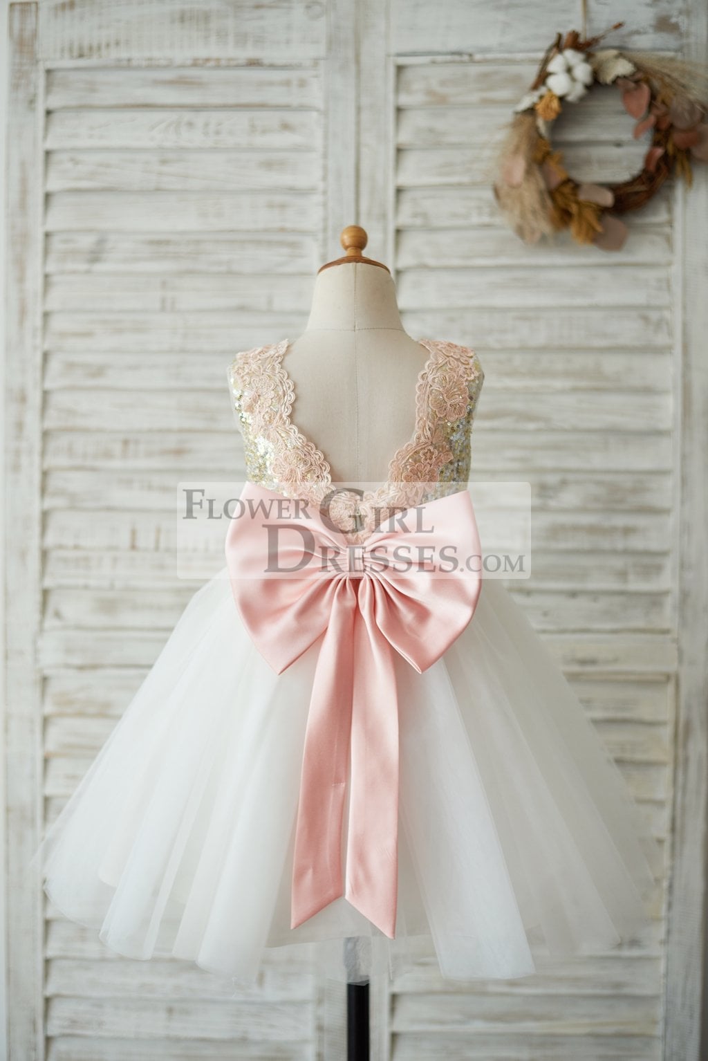 Gold Sequin Ivory Tulle V Back Wedding Flower Girl Dress with Pink Lace Belt