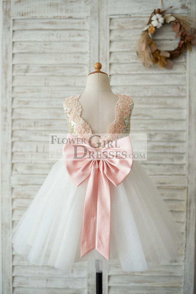 Gold Sequin Ivory Tulle V Back Flower Girl Dress, Pink Lace Belt Bow 8T Gold Sequin Ivory Tulle V Back Flower Girl Dress, Pink Lace Belt Bow 8T
