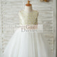 Gold Sequin Ivory Tulle V Back Wedding Flower Girl Dress with Pink Lace Belt