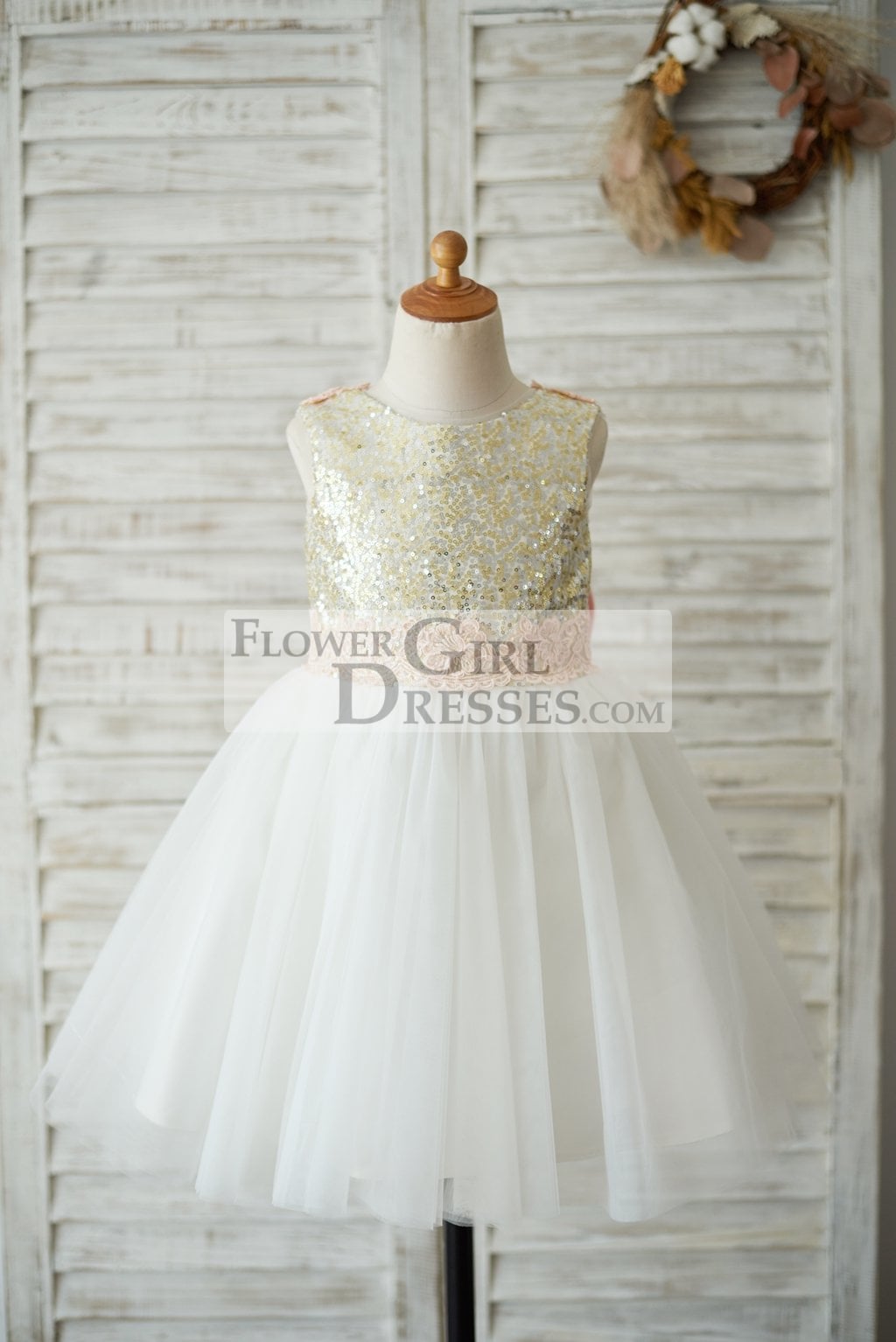 Gold Sequin Ivory Tulle V Back Wedding Flower Girl Dress with Pink Lace Belt