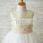 Gold Sequin Ivory Tulle V Back Wedding Flower Girl Dress with Pink Lace Belt