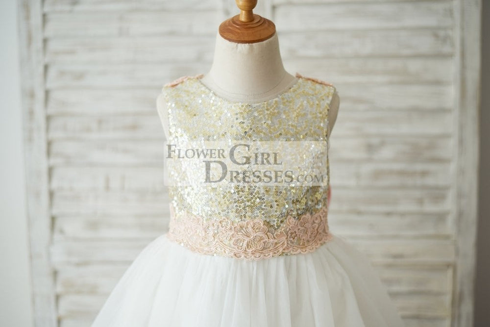 Gold Sequin Ivory Tulle V Back Flower Girl Dress, Pink Lace Belt Bow 8T Gold Sequin Ivory Tulle V Back Flower Girl Dress, Pink Lace Belt Bow 8T