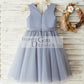 Gray Satin Tulle V Neckline Wedding Flower Girl Dress with Belt