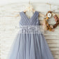 Gray Satin Tulle V Neckline Wedding Flower Girl Dress with Belt