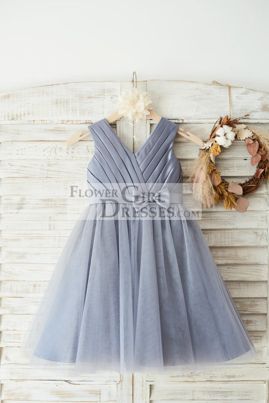 Gray Satin Tulle V Neckline Wedding Flower Girl Dress with Belt