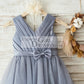 Gray Satin Tulle V Neckline Wedding Flower Girl Dress with Belt