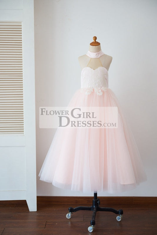 Halter Neckline Ivory Lace Pink Tulle Sheer Back Wedding Flower Girl Dress