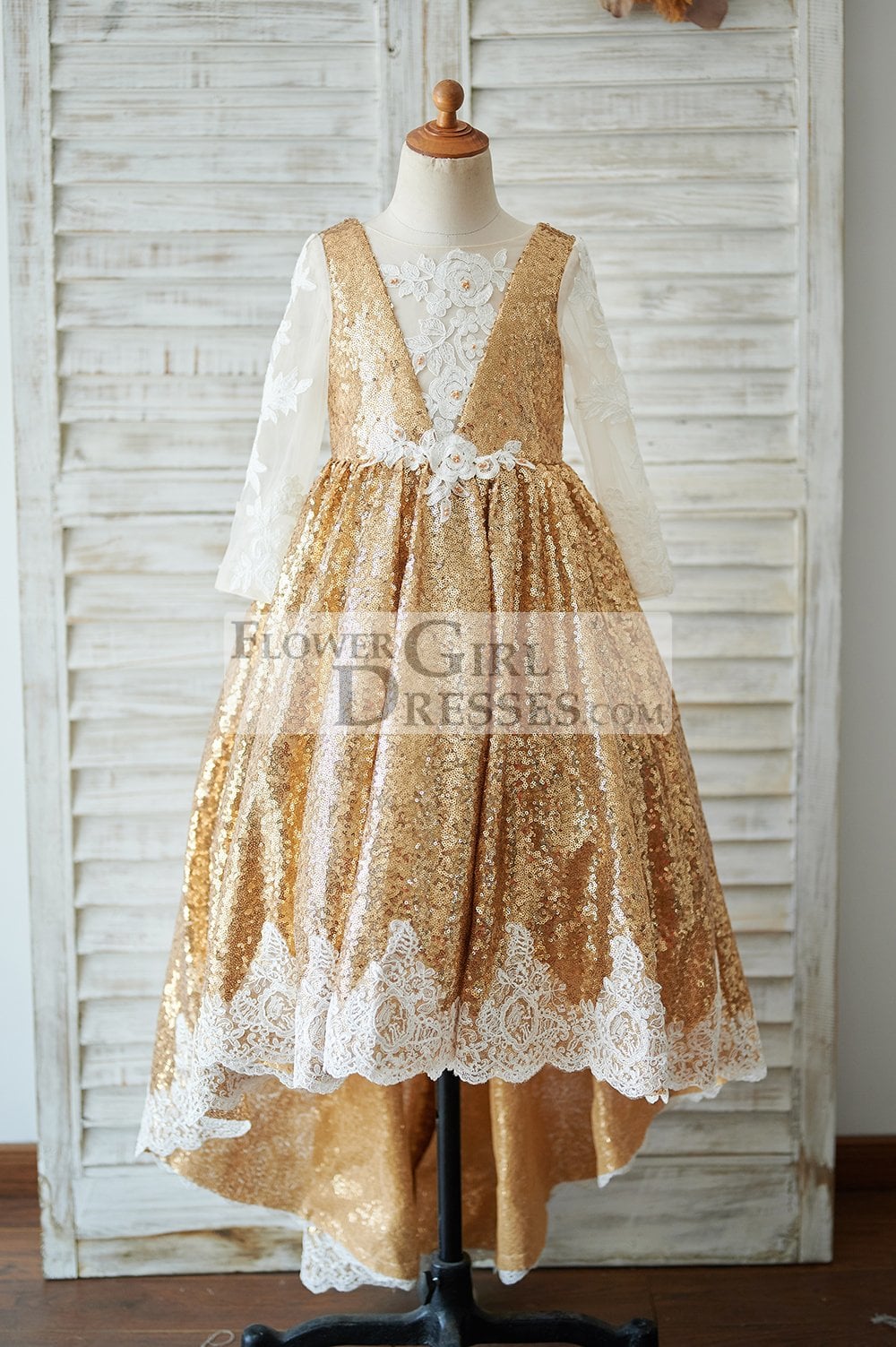 Hi Low Gold Sequin Ivory Lace Tulle Long Sleeves V Neck Wedding Flower Girl Dress