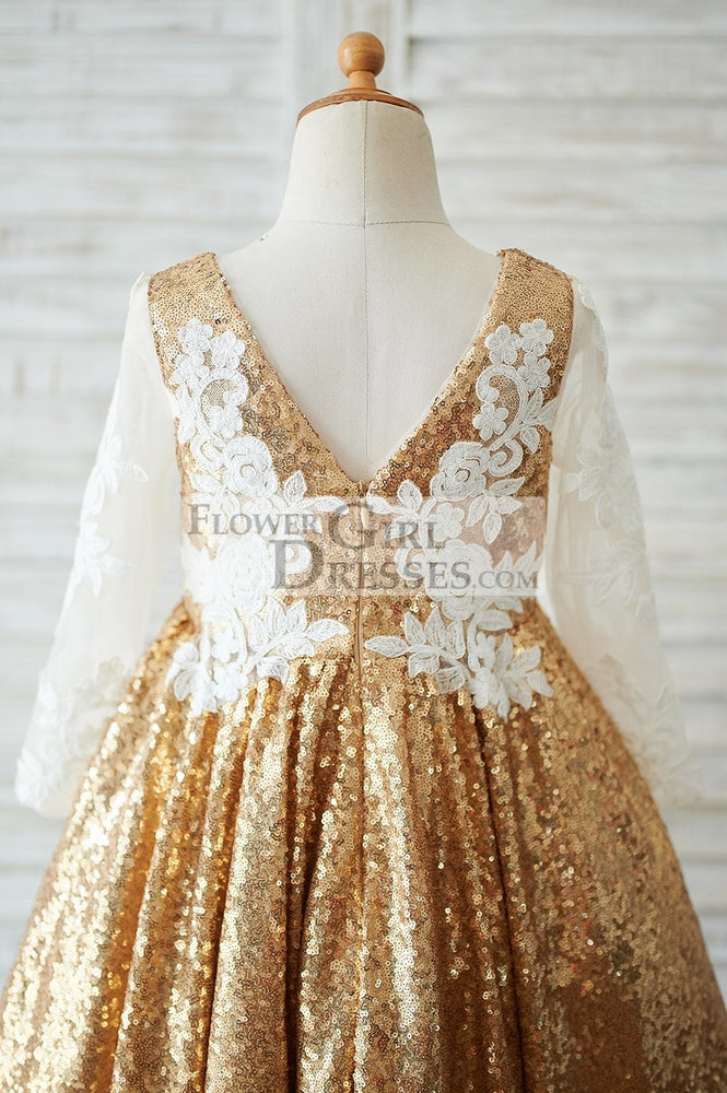 Hi Low Gold Sequin Ivory Lace Tulle V Neck Flower Girl Dress - Flower Girl Dresses Hi Low Gold Sequin Ivory Lace Tulle V Neck Flower Girl Dress - Flower Girl Dresses