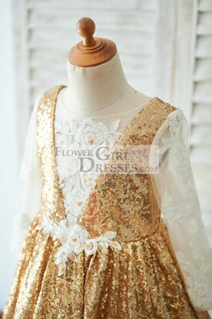 Hi Low Gold Sequin Ivory Lace Tulle V Neck Flower Girl Dress 8T Hi Low Gold Sequin Ivory Lace Tulle V Neck Flower Girl Dress 8T