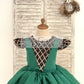 Hi-Low Green Satin Rose Gold Sequin Tulle Cap Sleeves Wedding Flower Girl Dress Kids Princess Party Dress