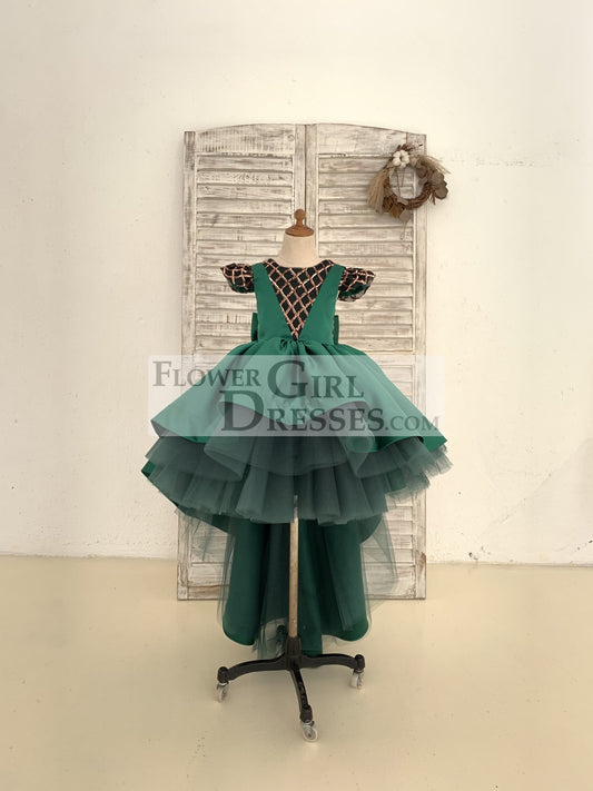 Hi-Low Green Satin Rose Gold Sequin Tulle Cap Sleeves Wedding Flower Girl Dress Kids Princess Party Dress