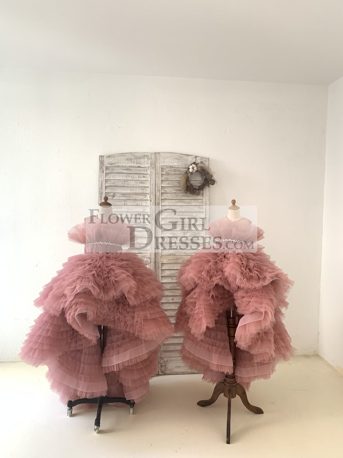 Hi Low Pleated Tulle Wedding Flower Girl Dress Kids Birthday Party Ball Gown Dress