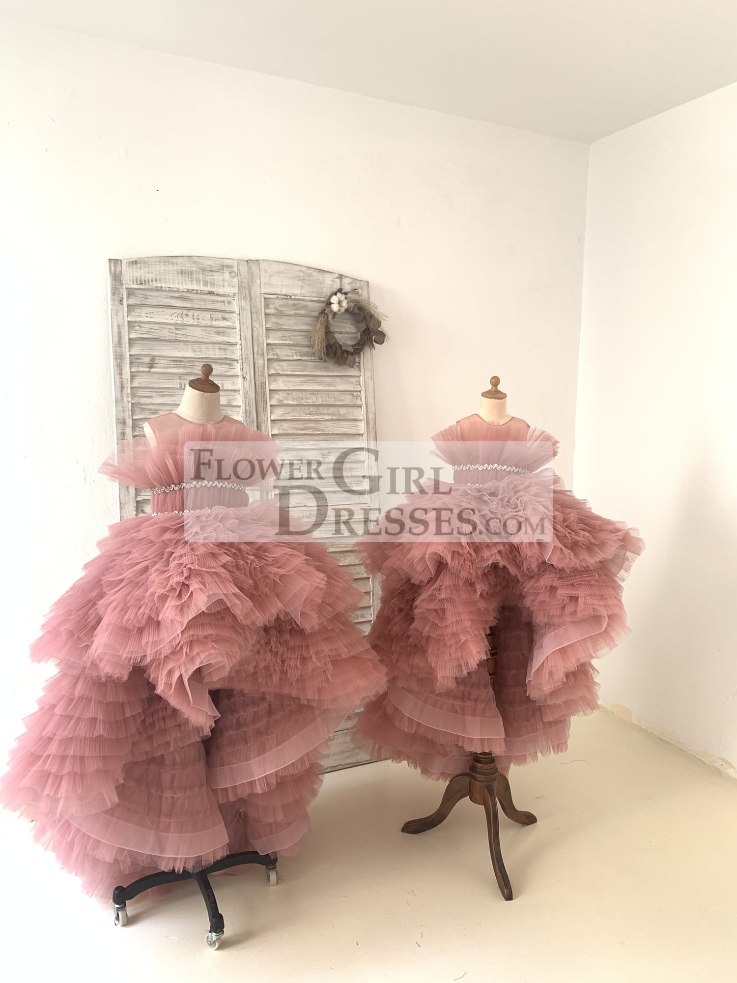 Hi Low Pleated Tulle Wedding Flower Girl Dress Kids Birthday Party Ball Gown Dress