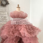 Hi Low Pleated Tulle Wedding Flower Girl Dress Kids Birthday Party Ball Gown Dress