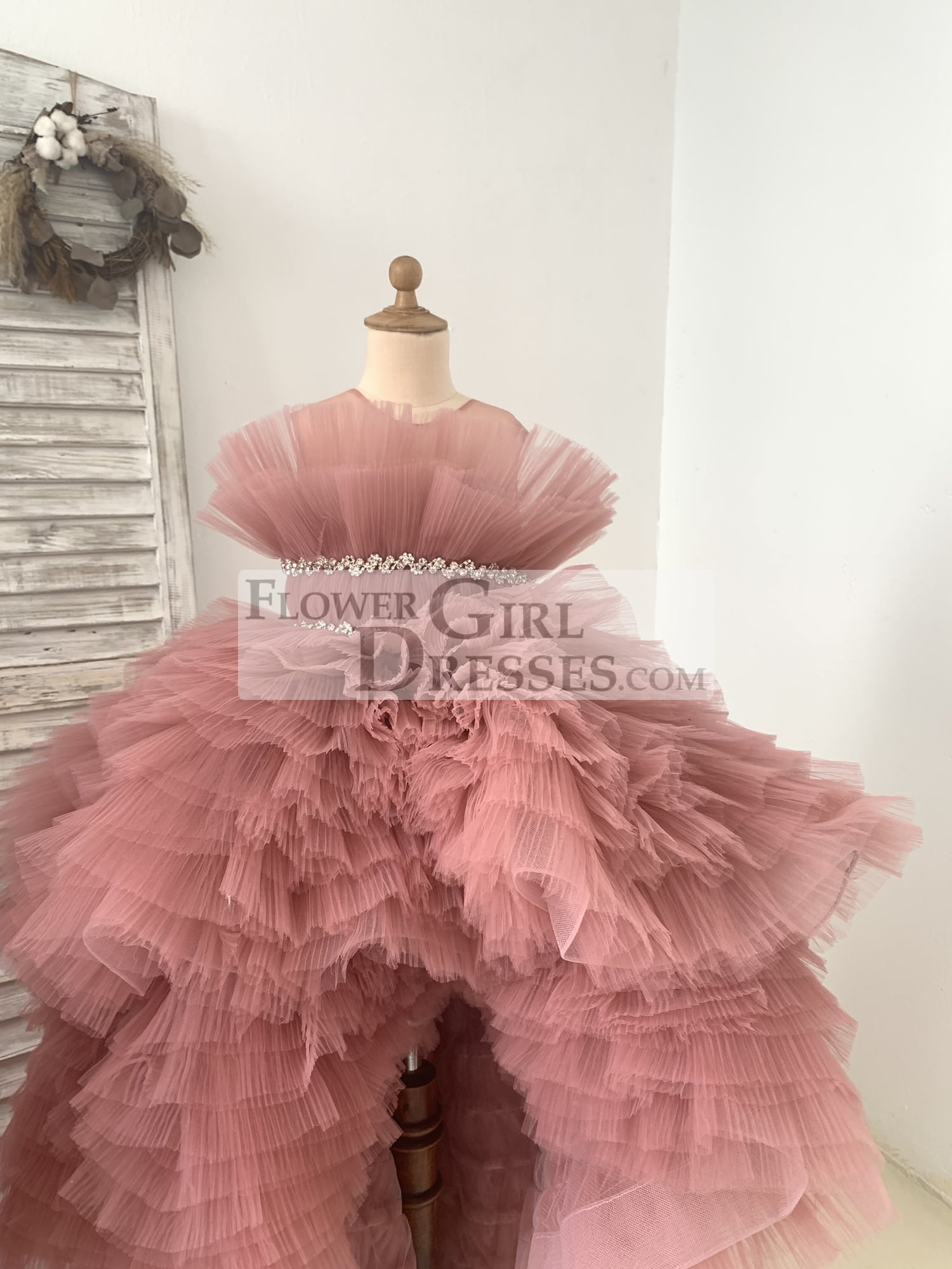 Hi Low Pleated Tulle Wedding Flower Girl Dress Kids Birthday Party Ball Gown Dress
