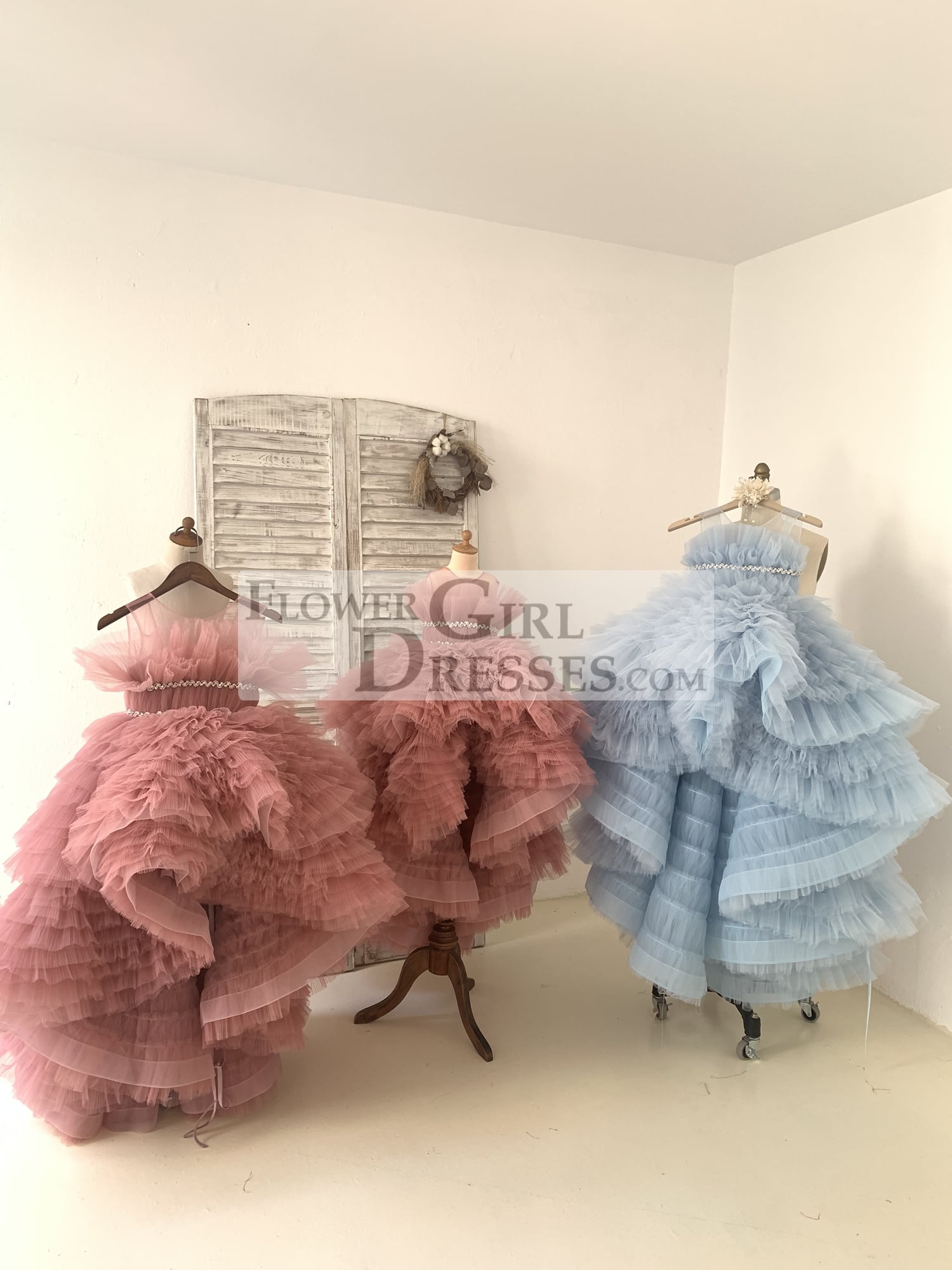 Hi Low Pleated Tulle Wedding Flower Girl Dress Kids Birthday Party Ball Gown Dress