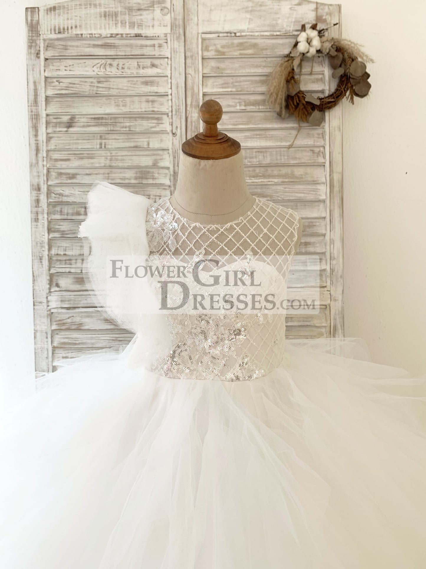 Ivory Check Tulle Ruffle Sleeves Wedding Party Flower Girl Dress Kids Birthday Dress