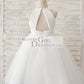 Ivory Chiffon Tulle Halter Neck Keyhole Back Wedding Flower Girl Dress