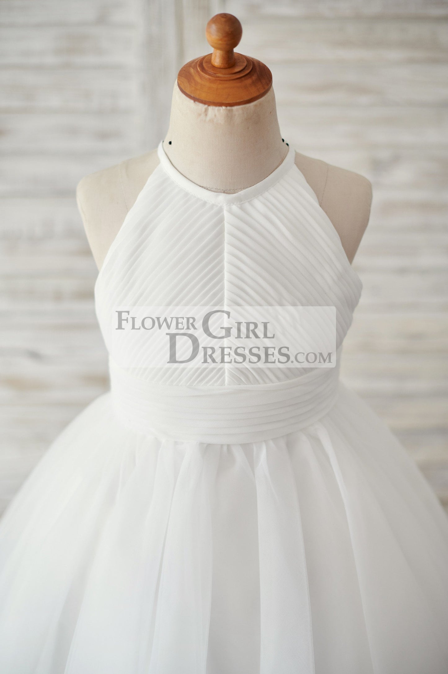 Ivory Chiffon Tulle Halter Neck Keyhole Back Wedding Flower Girl Dress
