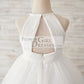 Ivory Chiffon Tulle Halter Neck Keyhole Back Wedding Flower Girl Dress