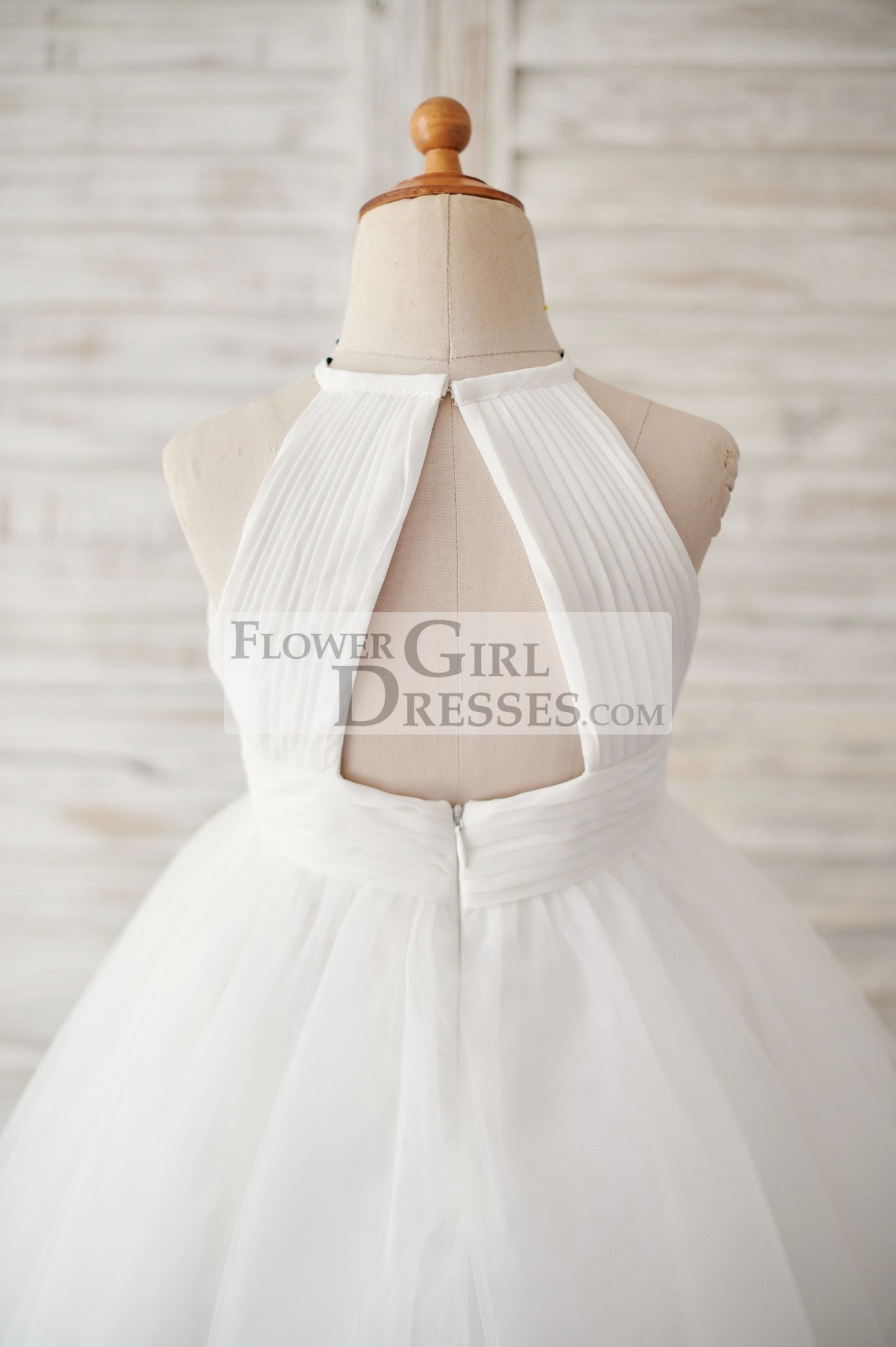 Ivory Chiffon Tulle Halter Neck Keyhole Back Wedding Flower Girl Dress
