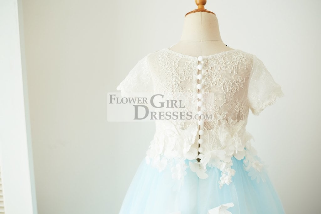 Ivory Lace Blue Tulle Short Sleeves Wedding Flower Girl Dress Full Length Party Dress with Butterfly