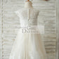 Ivory Lace Champagne tulle Cap Sleeves Wedding Flower Girl Dress with Beading