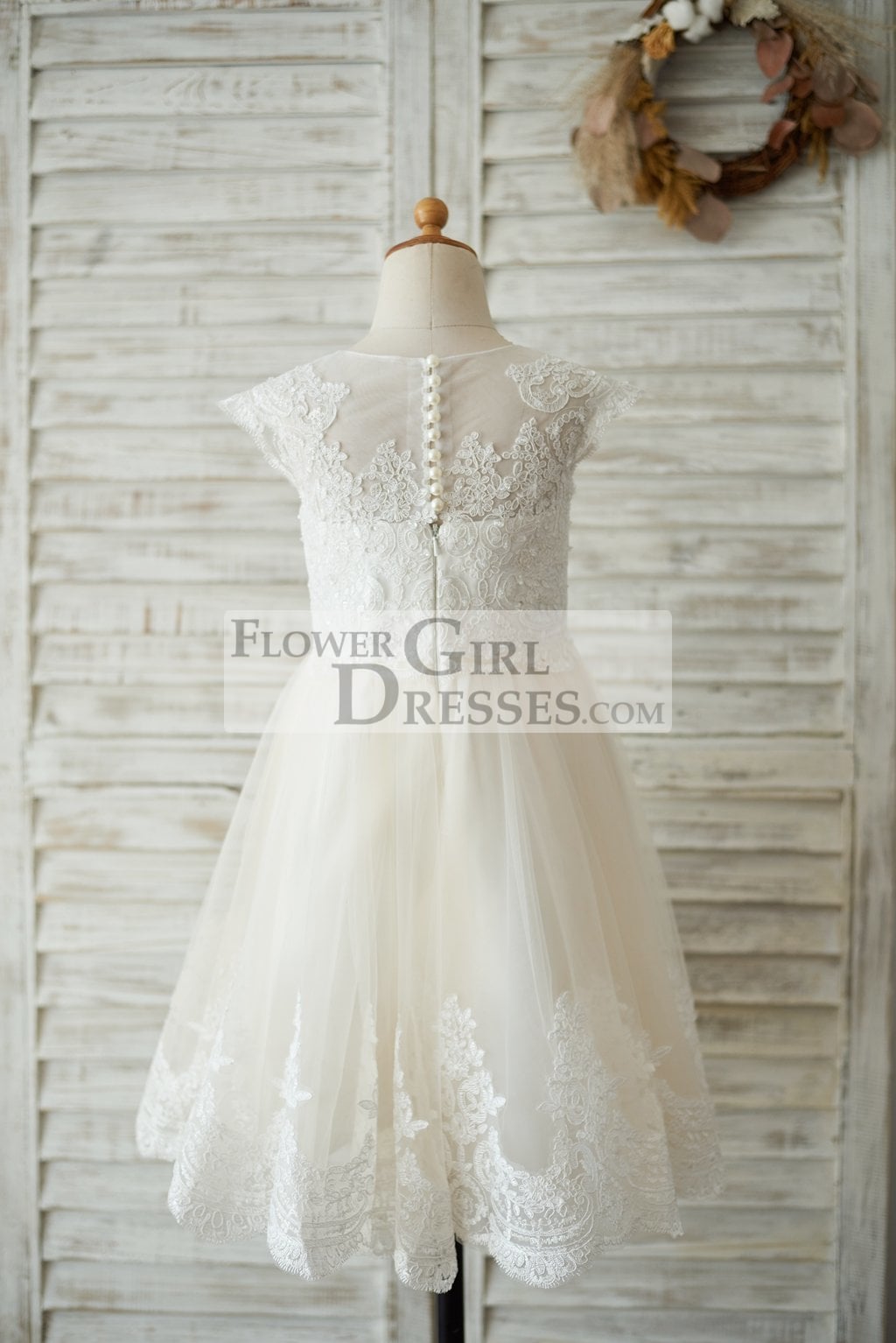 Ivory Lace Champagne tulle Cap Sleeves Wedding Flower Girl Dress with Beading