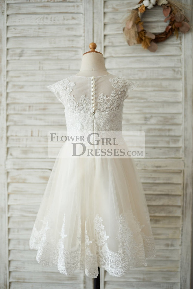Ivory Lace Champagne Tulle Cap Sleeves Flower Girl Dress, Beading 8T Ivory Lace Champagne Tulle Cap Sleeves Flower Girl Dress, Beading 8T
