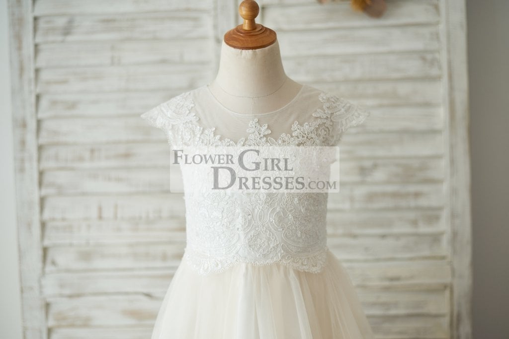 Ivory Lace Champagne tulle Cap Sleeves Wedding Flower Girl Dress with Beading