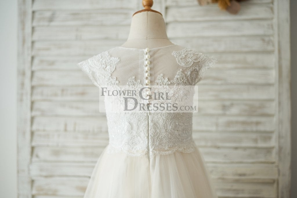 Ivory Lace Champagne tulle Cap Sleeves Wedding Flower Girl Dress with Beading