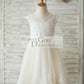 Ivory Lace Champagne tulle Cap Sleeves Wedding Flower Girl Dress with Beading