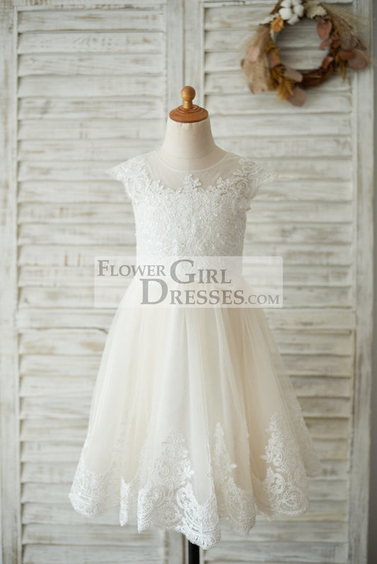 Ivory Lace Champagne tulle Cap Sleeves Wedding Flower Girl Dress with Beading