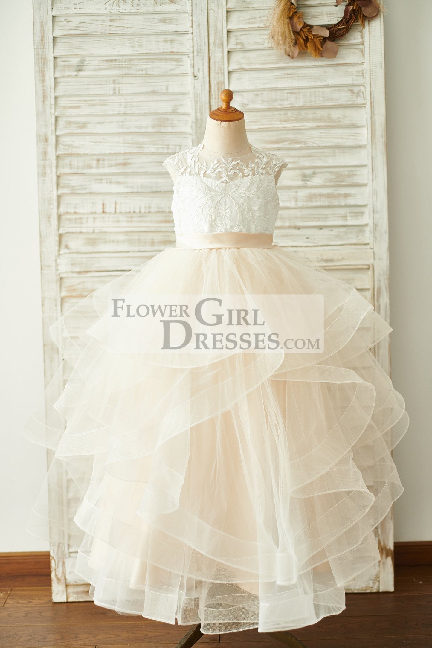 Ivory Lace Champagne Tulle Floor Length Wedding Flower Girl Dress