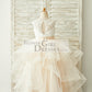 Ivory Lace Champagne Tulle Floor Length Wedding Flower Girl Dress