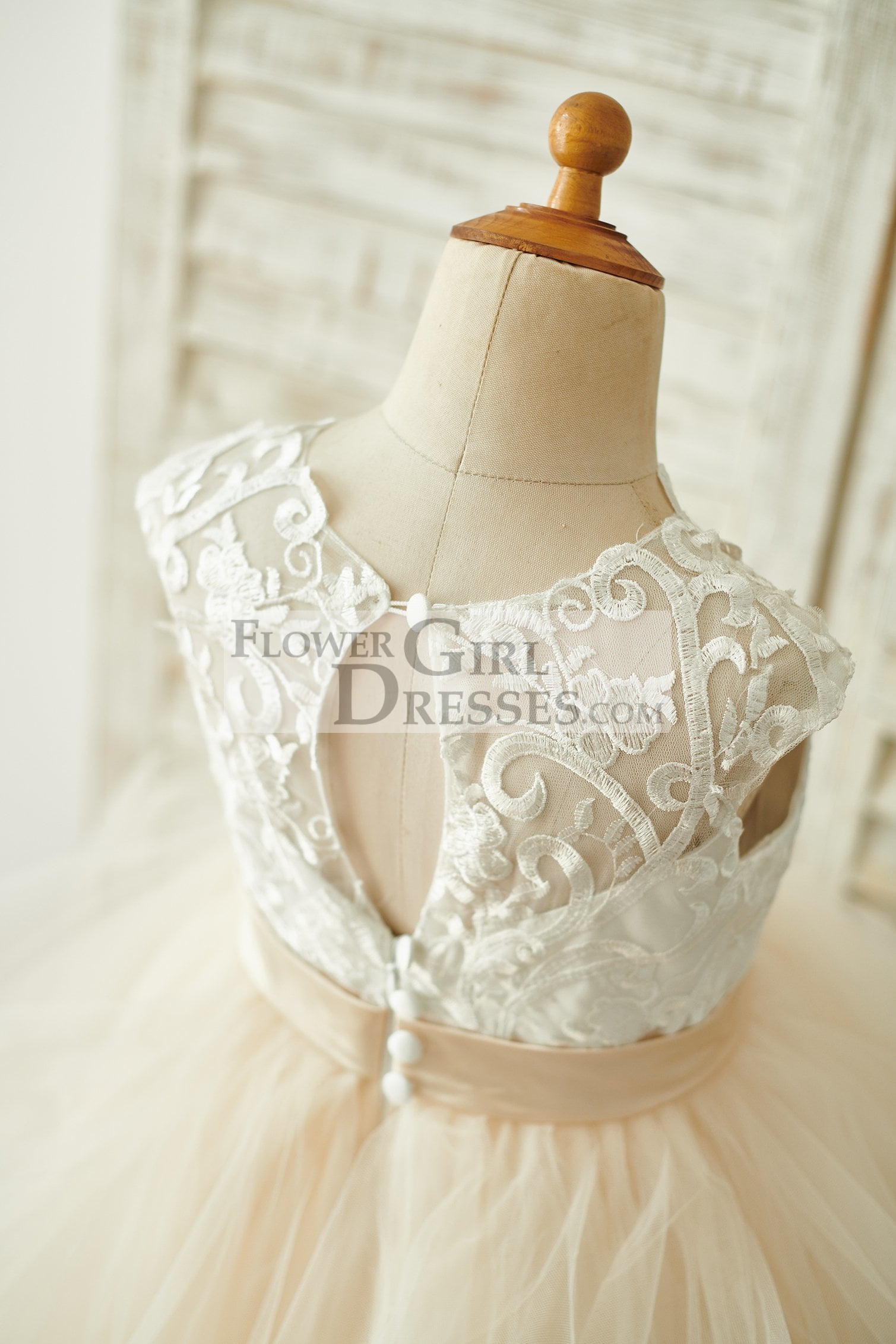 Ivory Lace Champagne Tulle Floor Length Wedding Flower Girl Dress