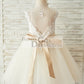 Ivory Lace Champagne Tulle Keyhole Back Wedding Party Flower Girl Dress with Belt