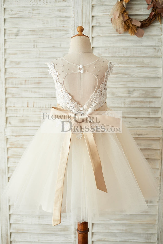 Ivory Lace Champagne Tulle Keyhole Wedding Flower Girl Dress - Flower Girl Dresses Ivory Lace Champagne Tulle Keyhole Wedding Flower Girl Dress - Flower Girl Dresses