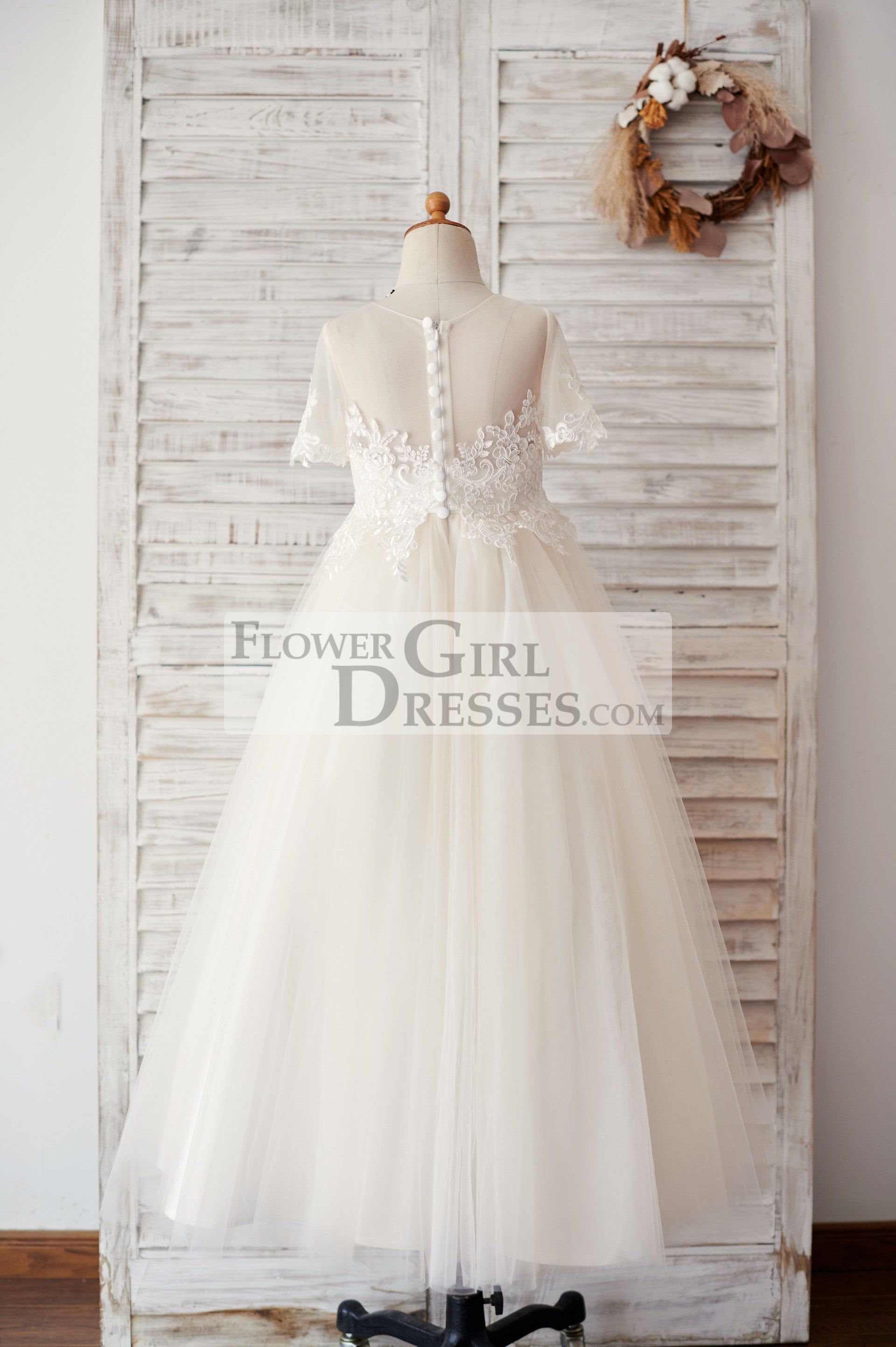 Ivory Lace Champagne Tulle Short Sleeves Wedding Flower Girl Dress